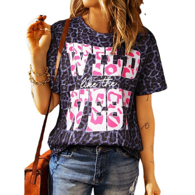 Ysolvanna Loose Fit Leopard Print Round Neck T-Shirt