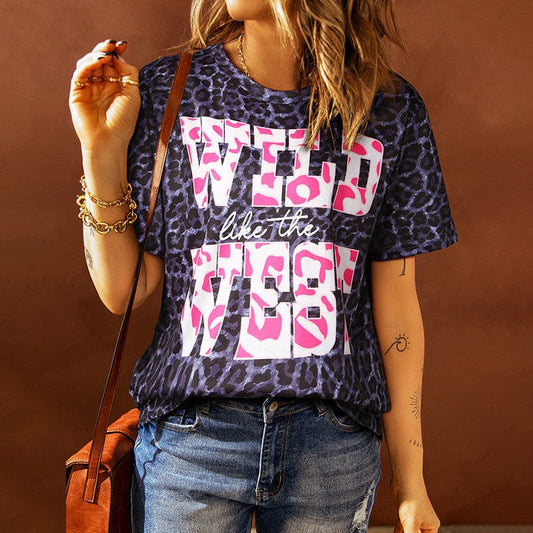 Ysolvanna Loose Fit Leopard Print Round Neck T-Shirt